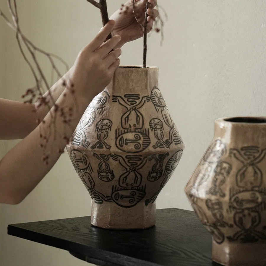 Hand-painted ceramic cylindrical vase with vintage carved art and tribal totem flower design