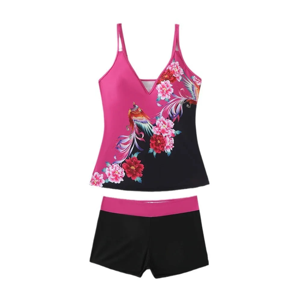 Women's black plus size split print brief swimsuit with a cotton lining.