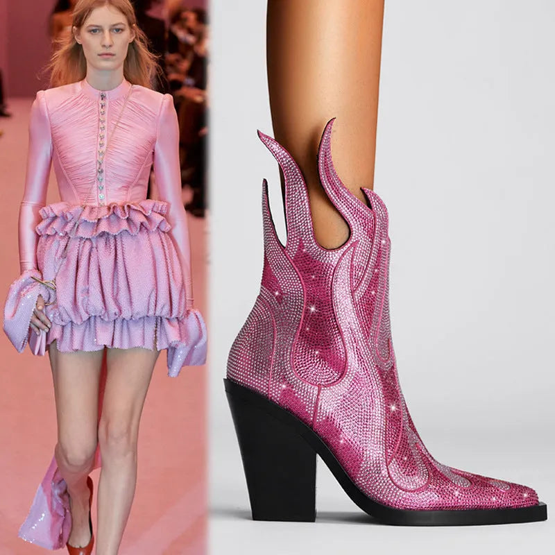 Women's black square toe chunky heel Martin boots with rhinestone flame decoration and side zip.