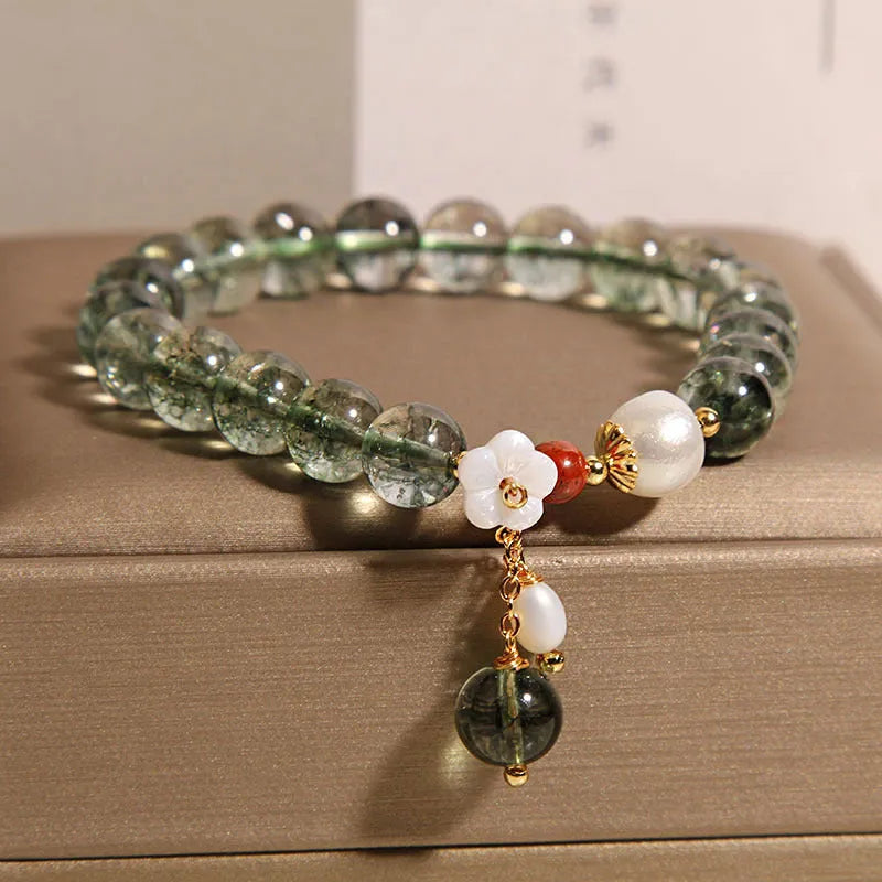 Green phantom quartz crystal women's bracelet with small shell flower charm in Japanese Korean style