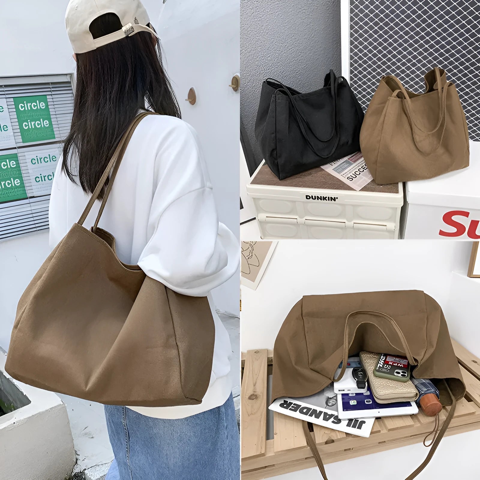 Solid colour women's canvas handbag with double shoulder straps and mobile phone compartment