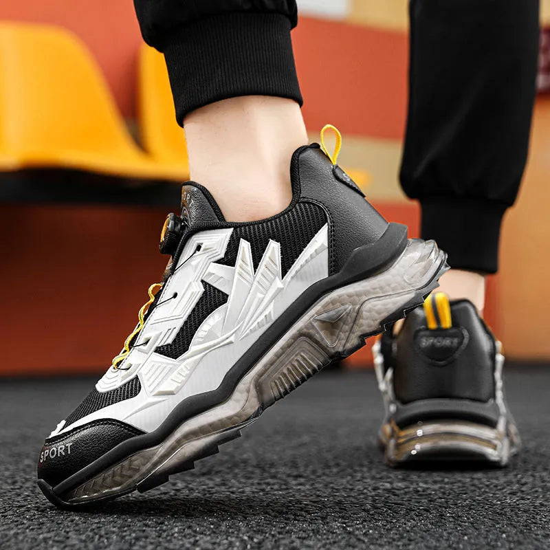Men's black rotating button dad sneakers with mesh upper and platform sole on a white background.