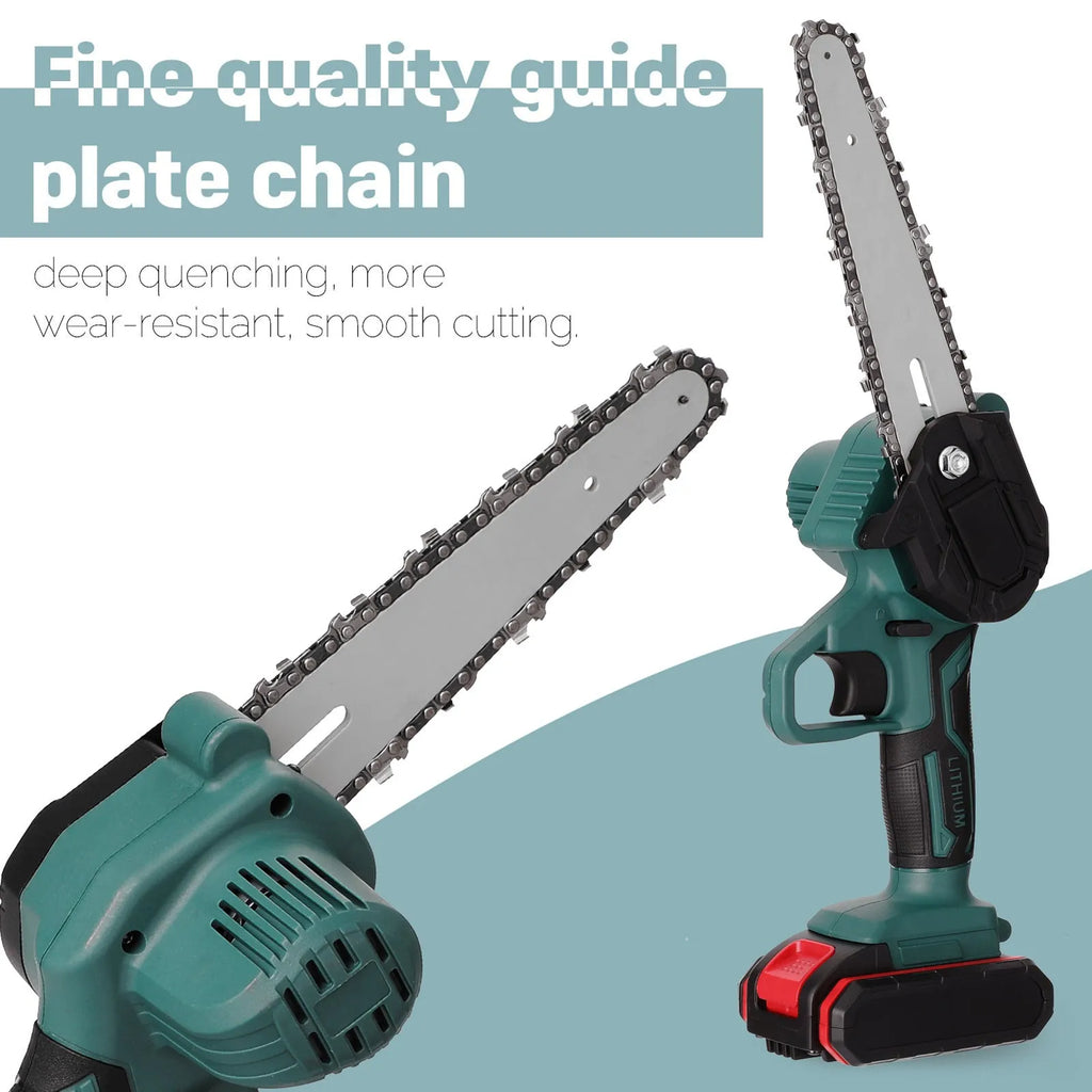 Black and green mini electric chainsaw held in one hand, showing compact design and 4-inch cutting bar.