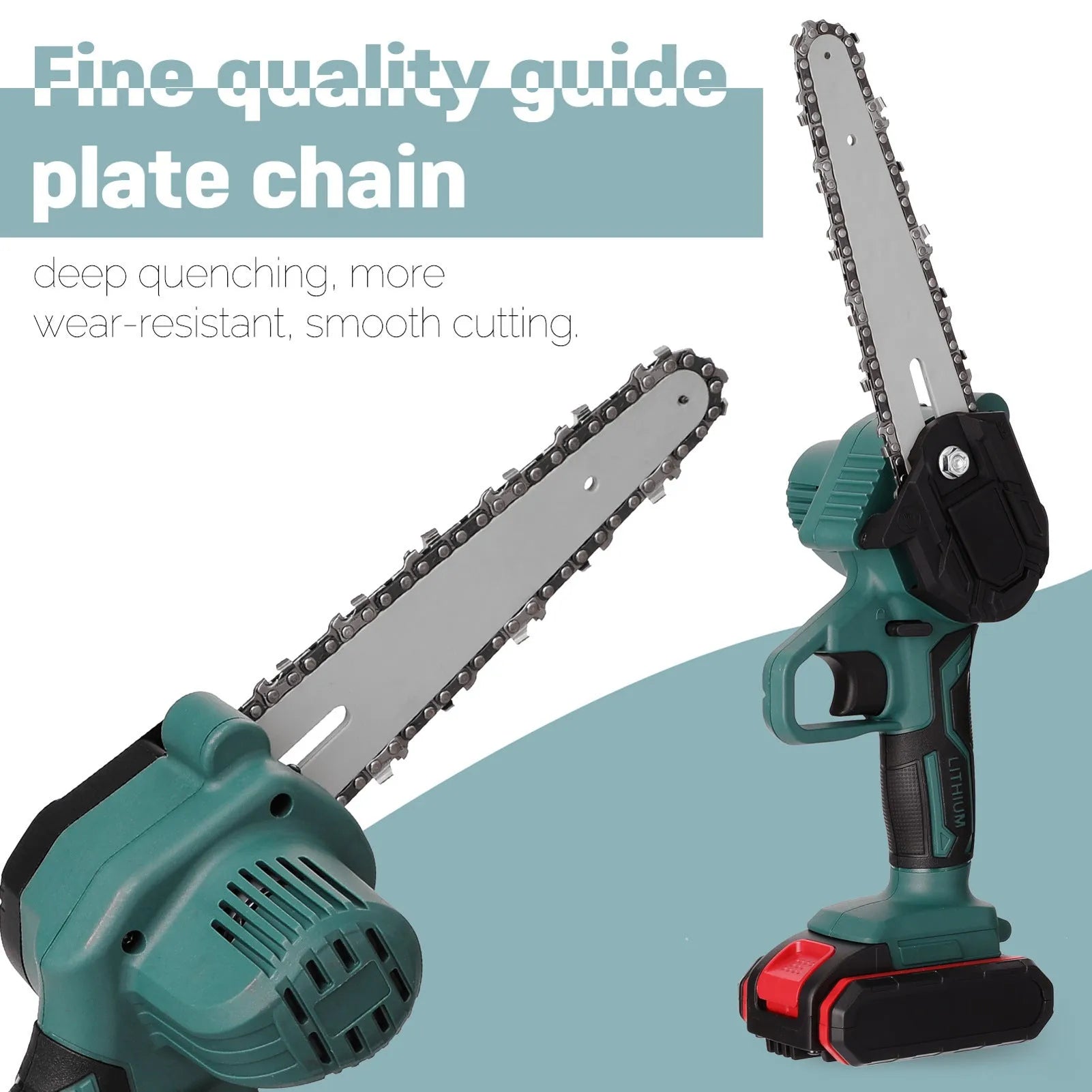 Black and green mini electric chainsaw held in one hand, showing compact design and 4-inch cutting bar.