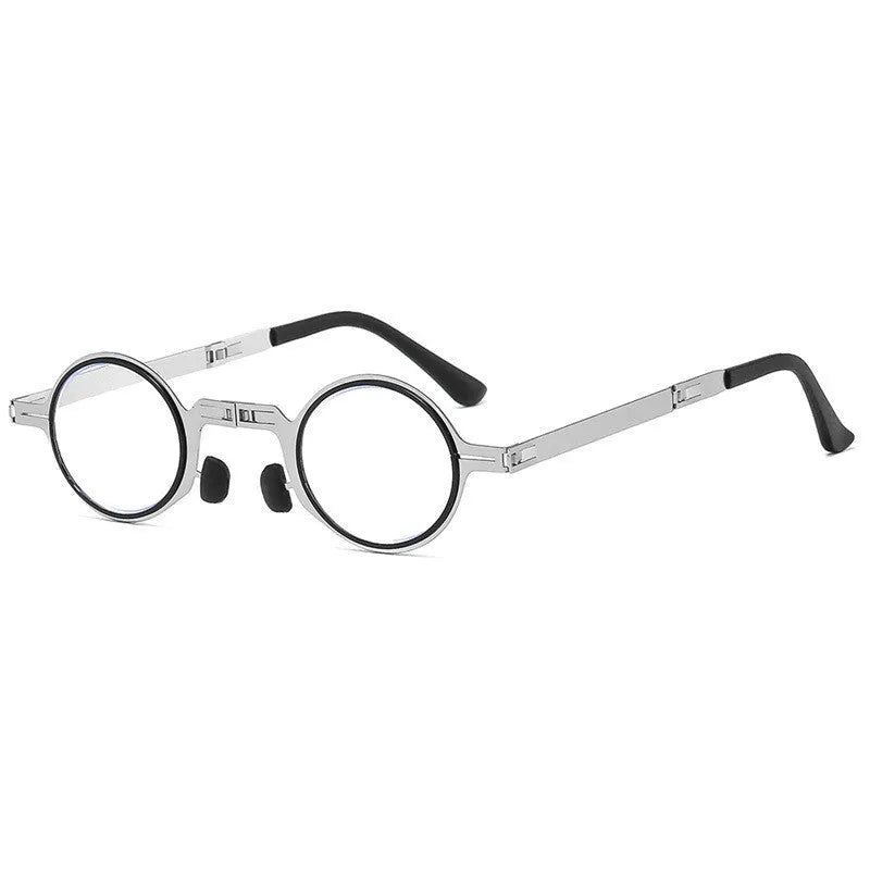Folding portable reading glasses with metal full frame in black and silver colours for small faces