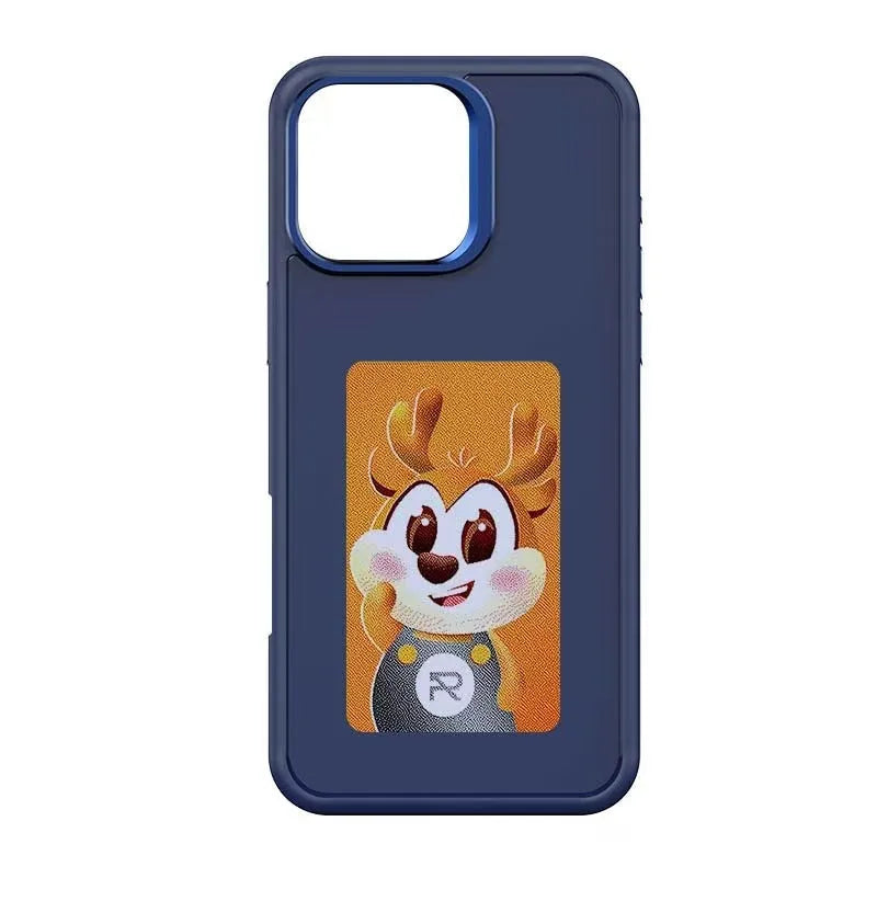 Silicone phone case with four-colour e-ink screen in black, for iPhone 15 Pro.
