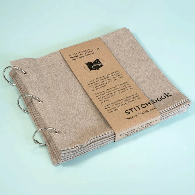 Blank fabric painting sketchbook with linen stitch cover in creamy white, square shape, 17.6cm x 12.5cm