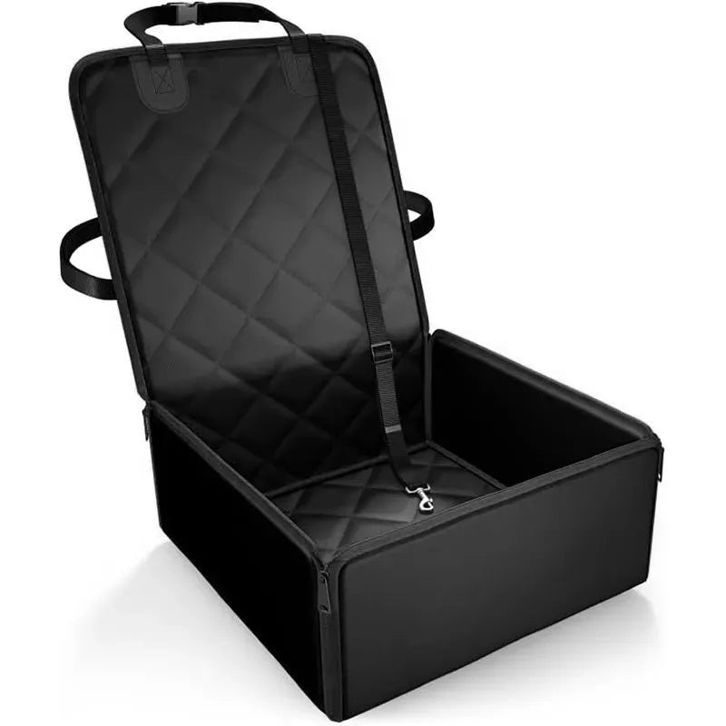 Black car pet pad with non-slip base measuring 42x42x20cm for front seat dog travel