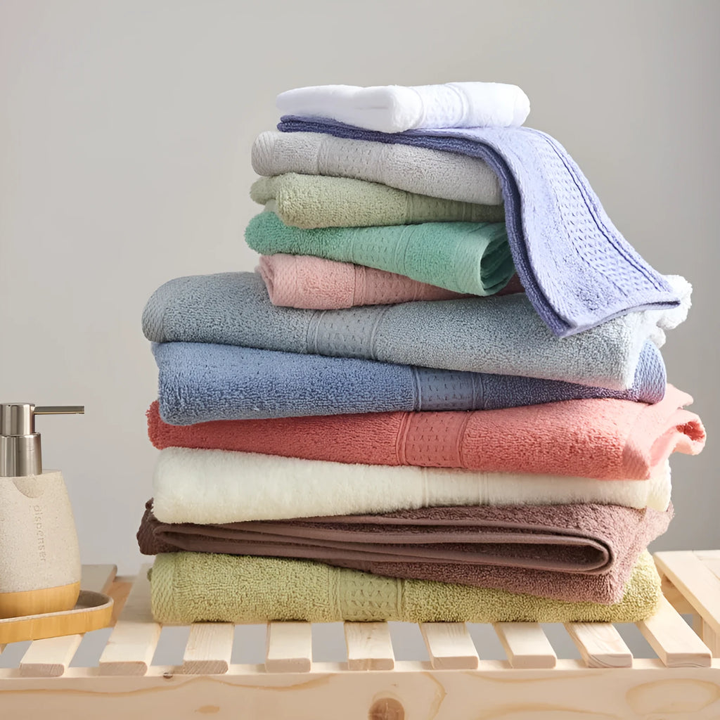 3-piece cotton towel set with square towel 33cm x 33cm, towel 32cm x 73cm and bath towel 70cm x 140cm in minimalist style