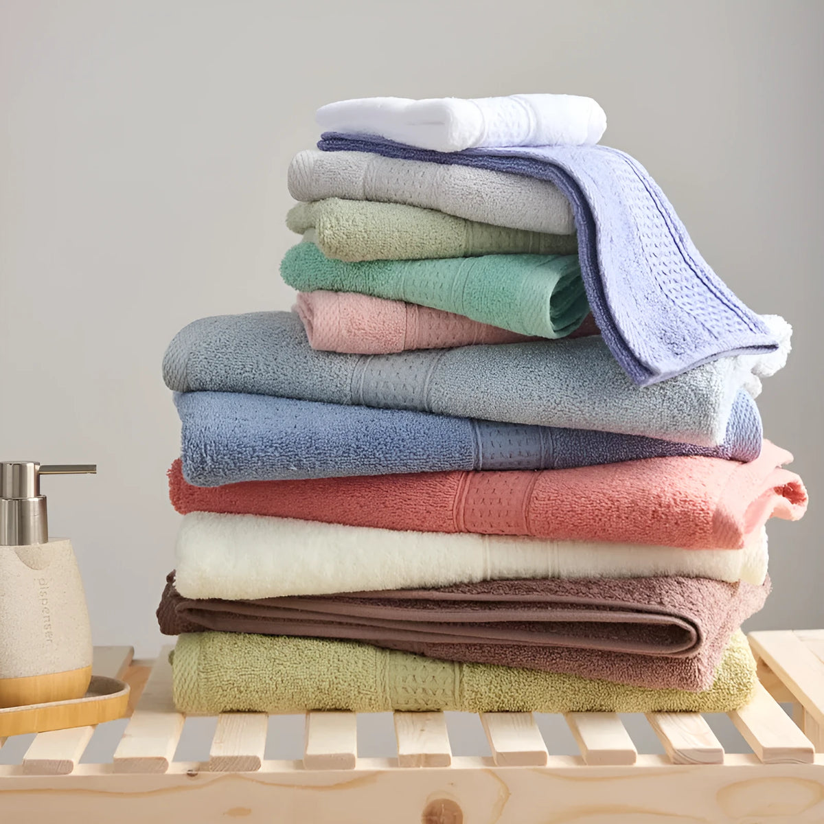 3-piece cotton towel set with square towel 33cm x 33cm, towel 32cm x 73cm and bath towel 70cm x 140cm in minimalist style