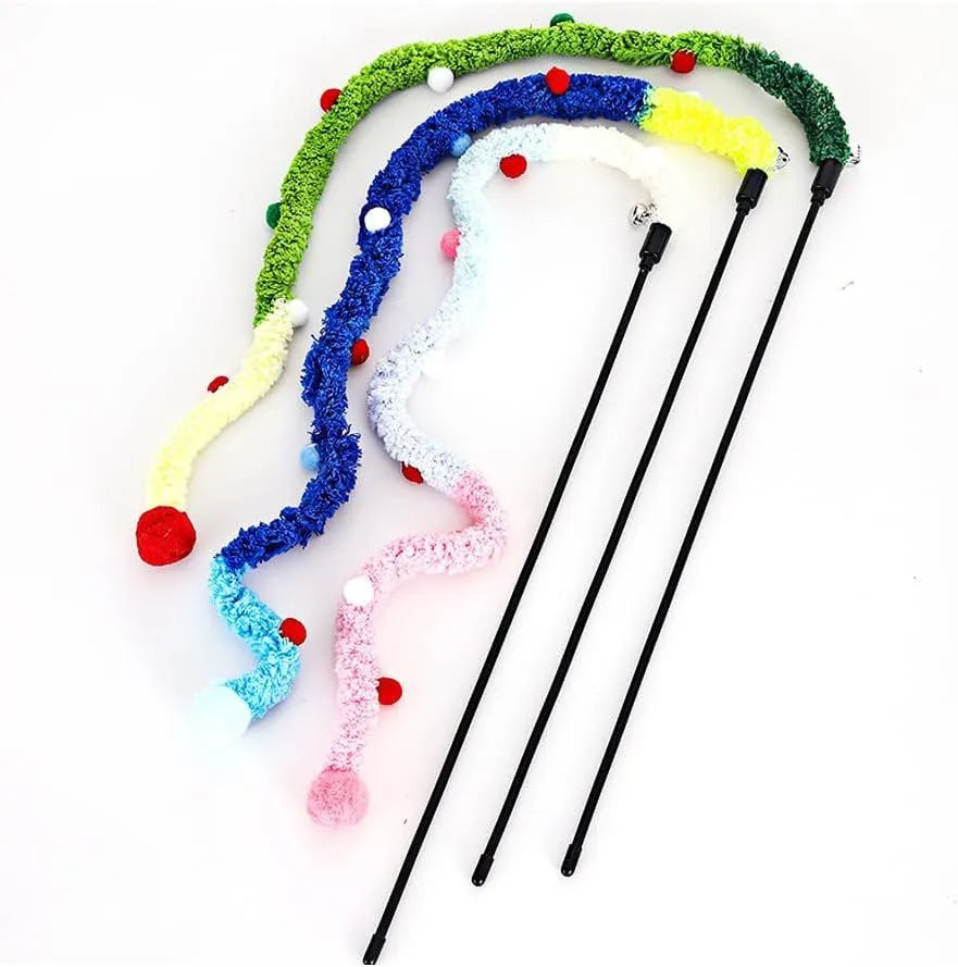 Cat wand toy with long plush strip and colourful ball featuring bells for interactive indoor play