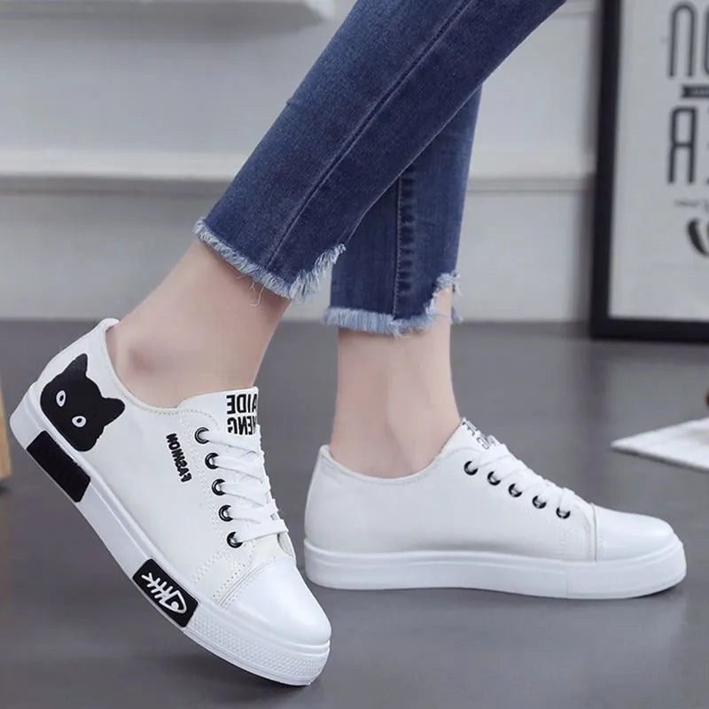 Pink canvas cat fish print lace-up sneakers for women with cotton upper and rubber sole