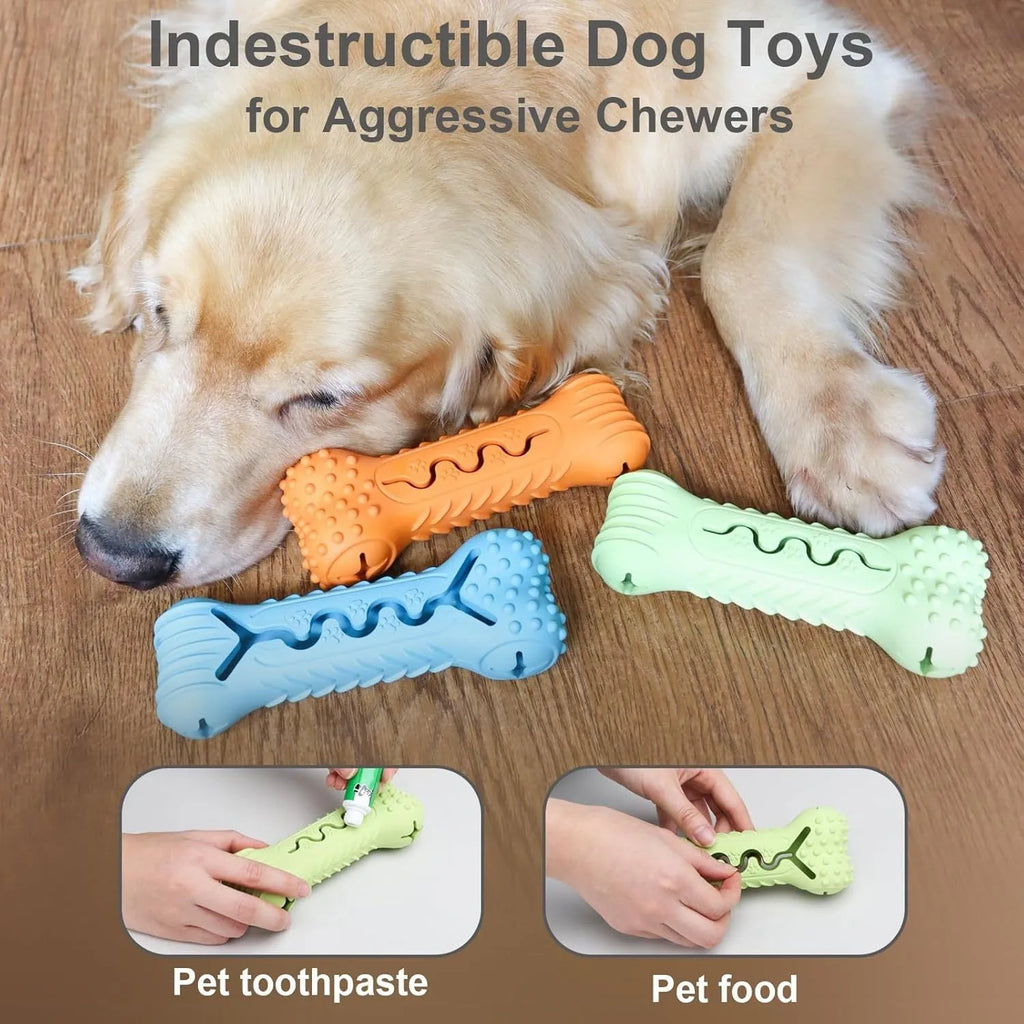 Blue natural rubber bone-shaped dog chew toy on a plain background