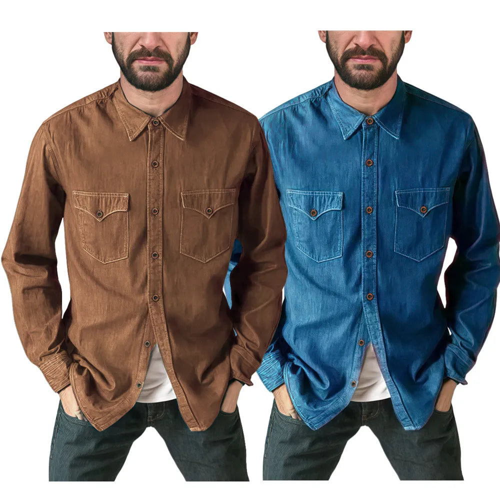 A denim cardigan coat shown in khaki, available in sizes S to 3XL.