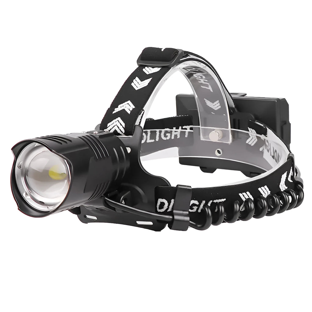 Black aluminium alloy USB rechargeable headlamp with telescopic zoom lens and head strap.
