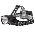 Black aluminium alloy USB rechargeable headlamp with telescopic zoom lens and head strap.
