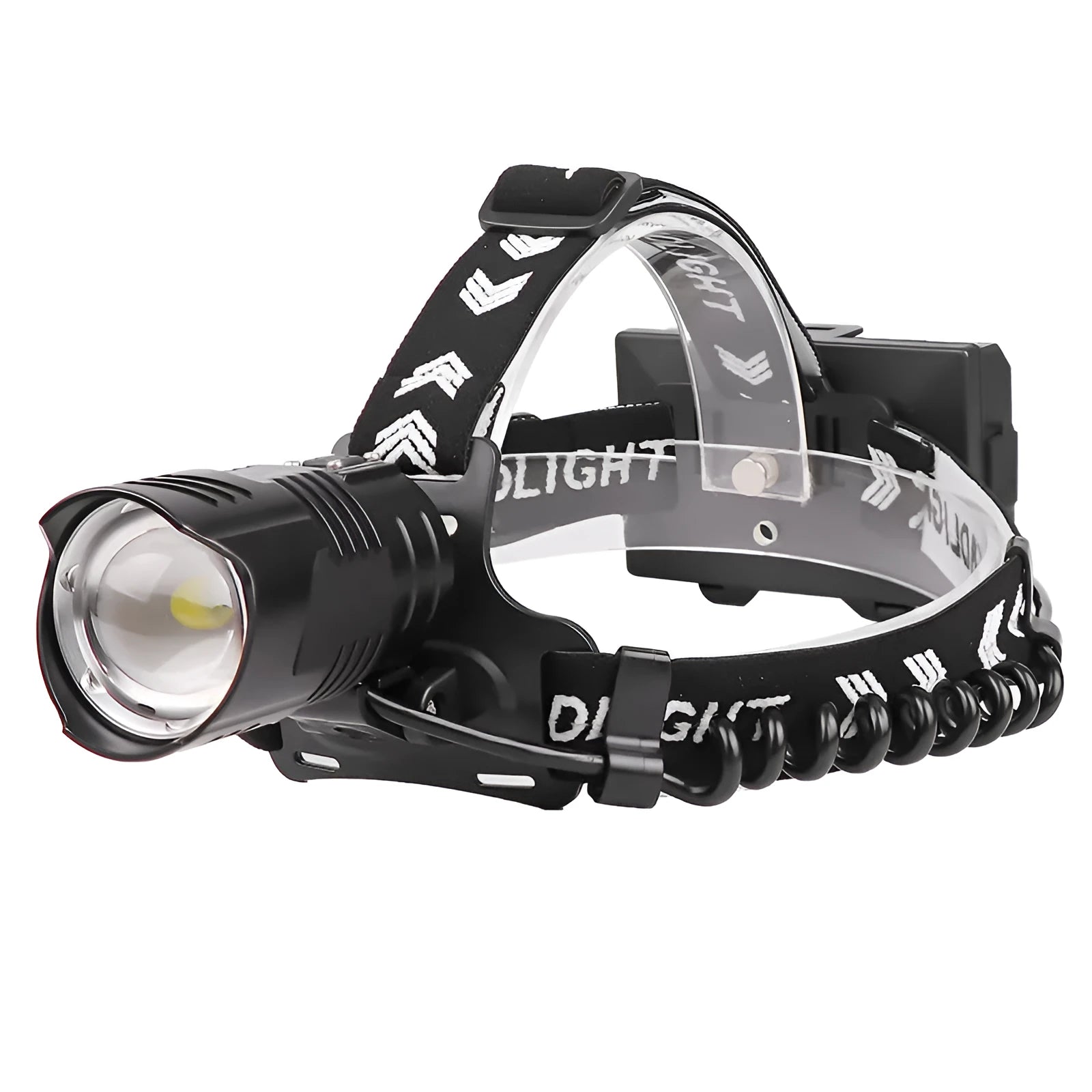 Black aluminium alloy USB rechargeable headlamp with telescopic zoom lens and head strap.