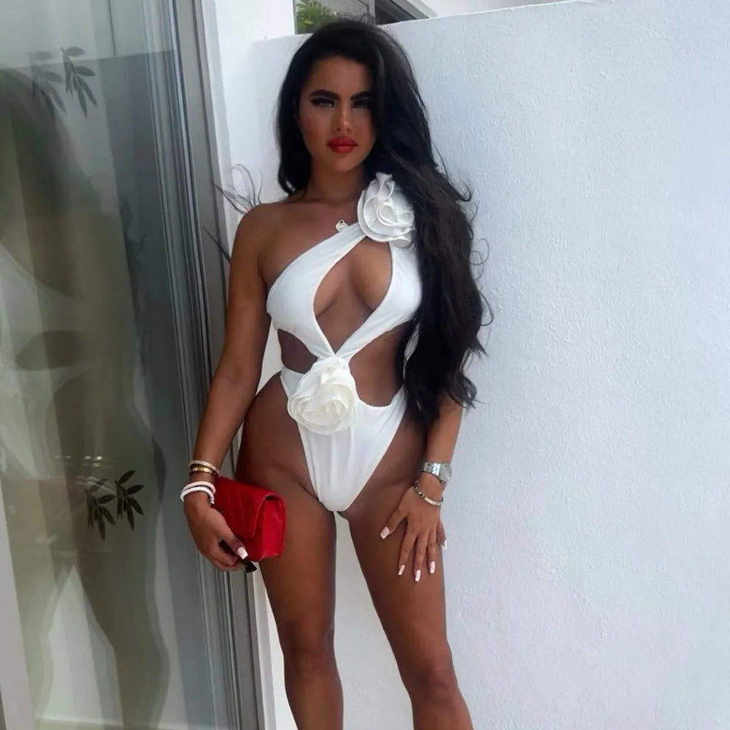 Women's solid colour one-piece swimsuit with matching short skirt in red or white, sizes S M L