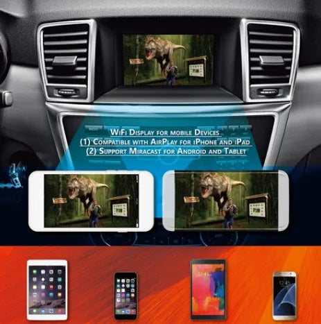 Black car mirror link box Wi-Fi converter with AV cable, power cable, and antenna for smartphone screen mirroring.
