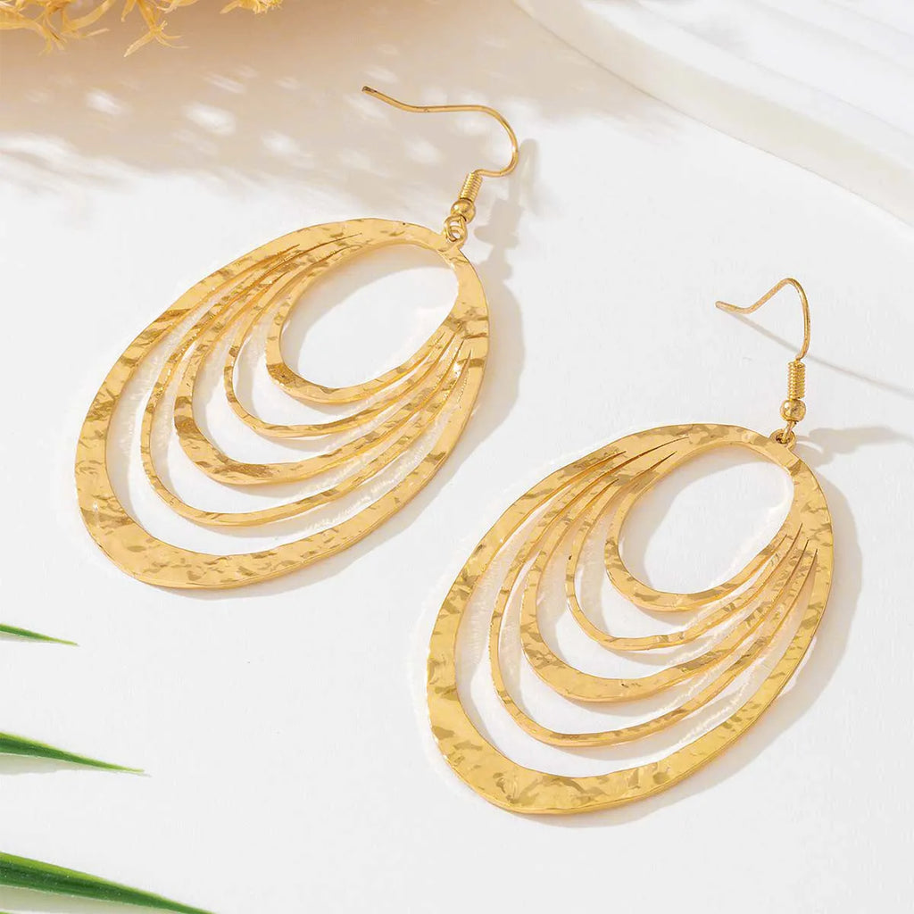 3 layer hollow oval gold dangle earrings with alloy and stainless steel construction