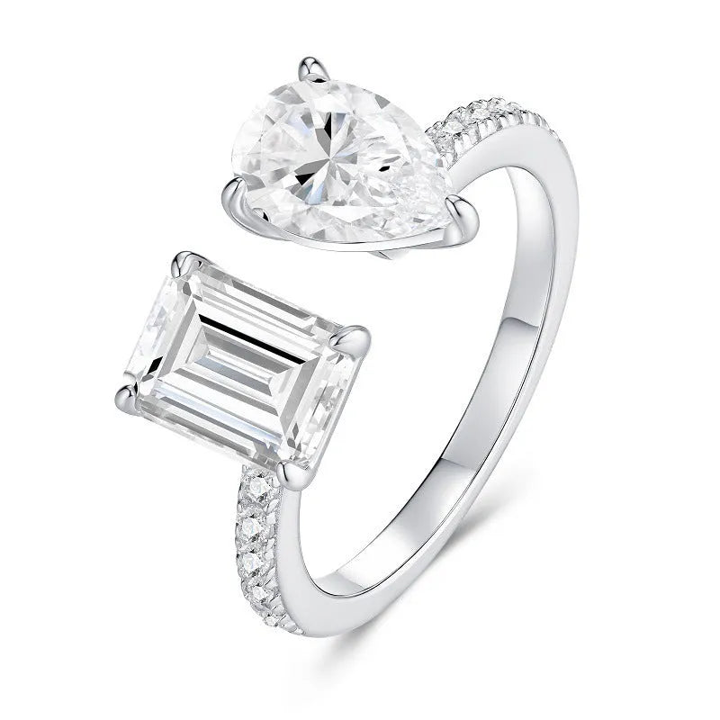 Square moissanite ring in 925 sterling silver with non-fading electroplated finish, drop-shaped geometric design, US 5-9.