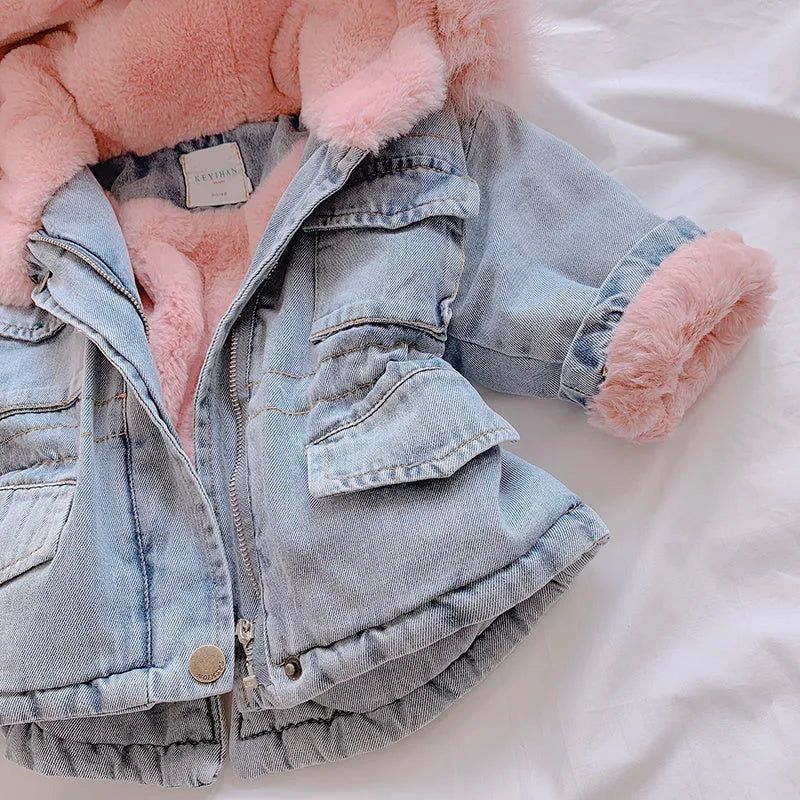 Blue denim coat for girls with attached hood and plus velvet lining shown with size tags