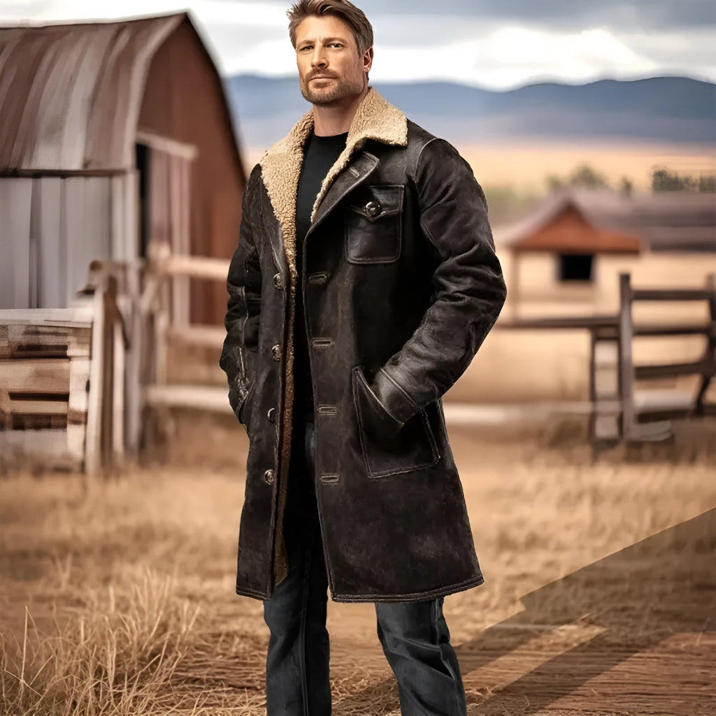 Men's vintage dark brown suede jacket with long sleeves and polyester lining, front view, on plain background.
