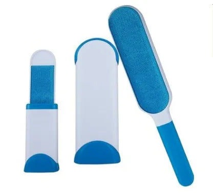 Blue reusable pet hair removal brush with self-cleaning base for furniture and upholstery.