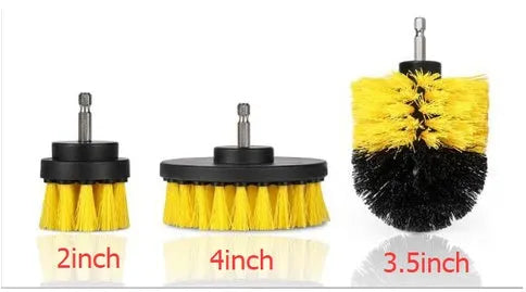 Three nylon drill brushes in different sizes for cleaning bathroom, tile and grout surfaces.