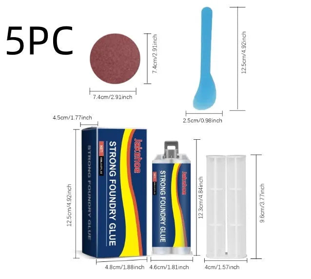85ml two-part epoxy metal casting glue sealant kit with resin, hardener, push rod, scraper, and sandpaper.