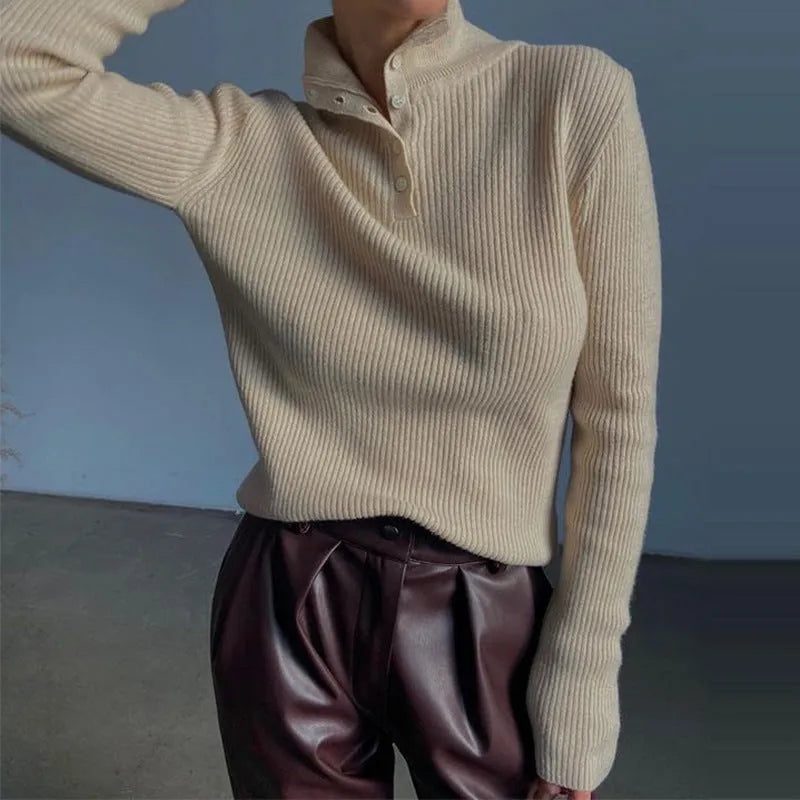 Retro breasted half turtleneck pullover sweater in slim fit with core-spun yarn fabric