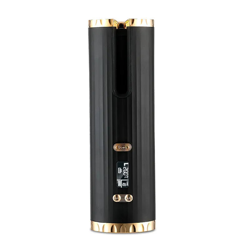 Rechargeable automatic hair curler with LCD display in black, pink, pink-grey, or white.