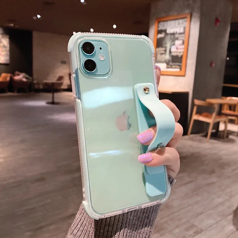 Two-tone transparent silicone iPhone case with integrated stand and reinforced corners