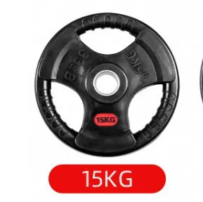 Black cast iron barbell weight plate with rubber coating placed on a mat with a storage bag nearby