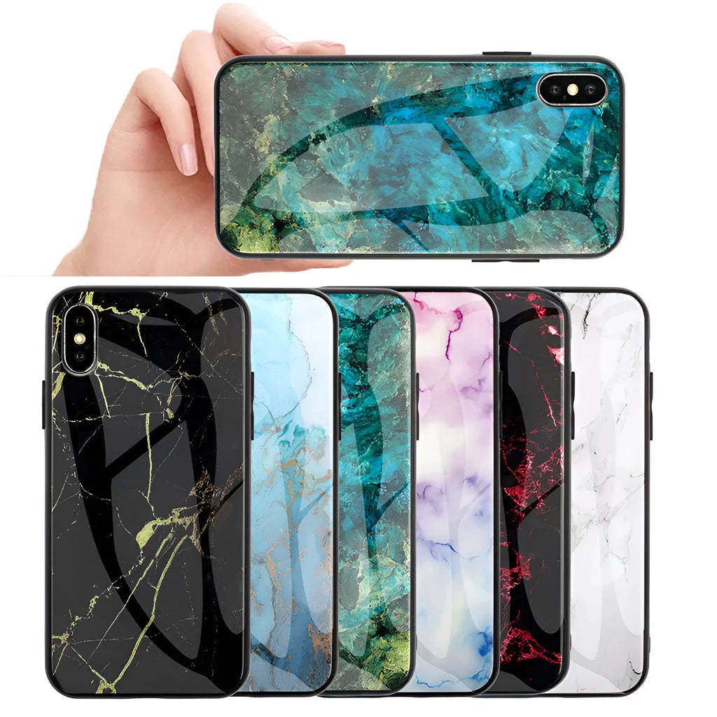 Huawei phone case with marbled glass shell design in blue, gold, green, purple, red and white colours