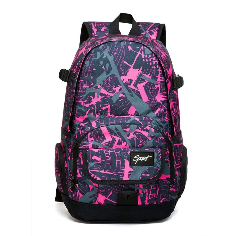 Blue classic nylon backpack with large main compartment and adjustable shoulder straps.
