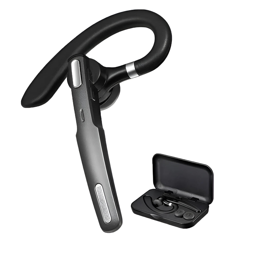 Black mono Bluetooth headset with hanging ear hook and IPX6 waterproof rating.