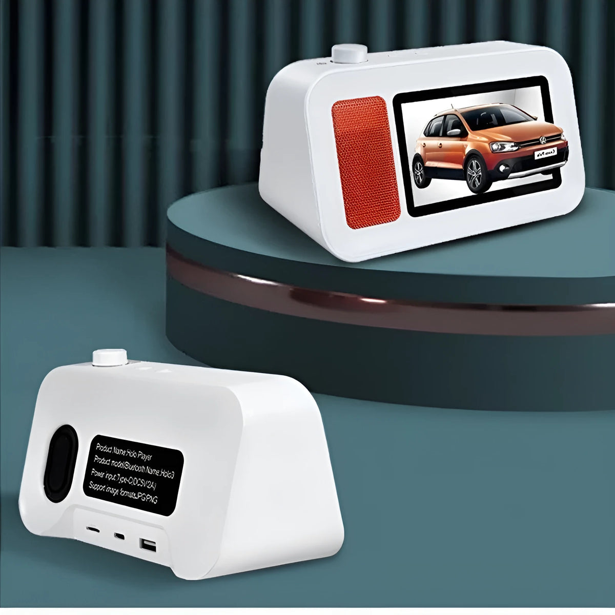 White holographic lyric bluetooth speaker with 5.1 channel sound on a desk