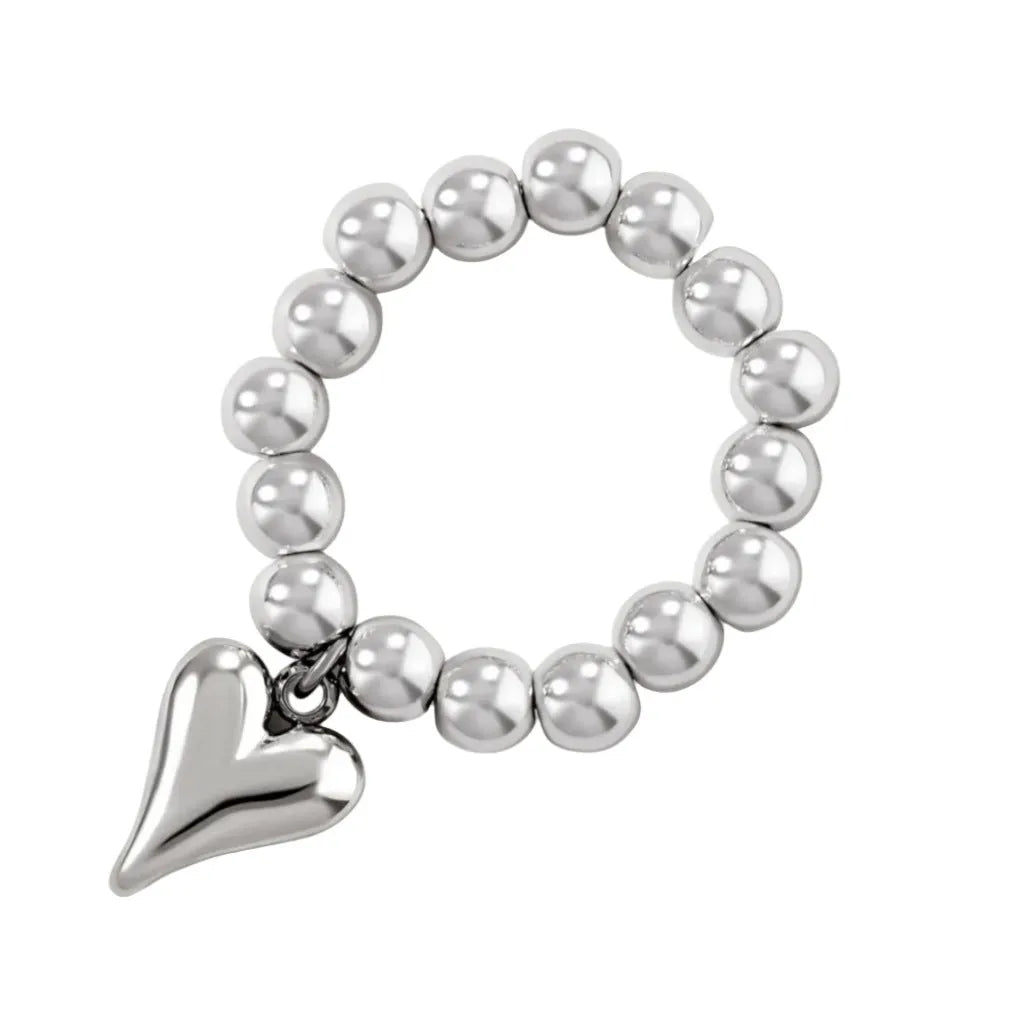 Handmade beaded elastic ring with geometric love heart design in gold or silver electroplated finish