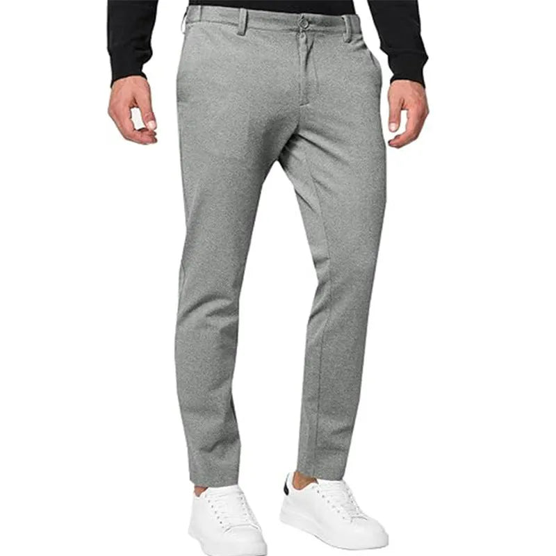 Men's slim-fit tapered chino trousers in a cotton-blend fabric, shown in solid colour options.