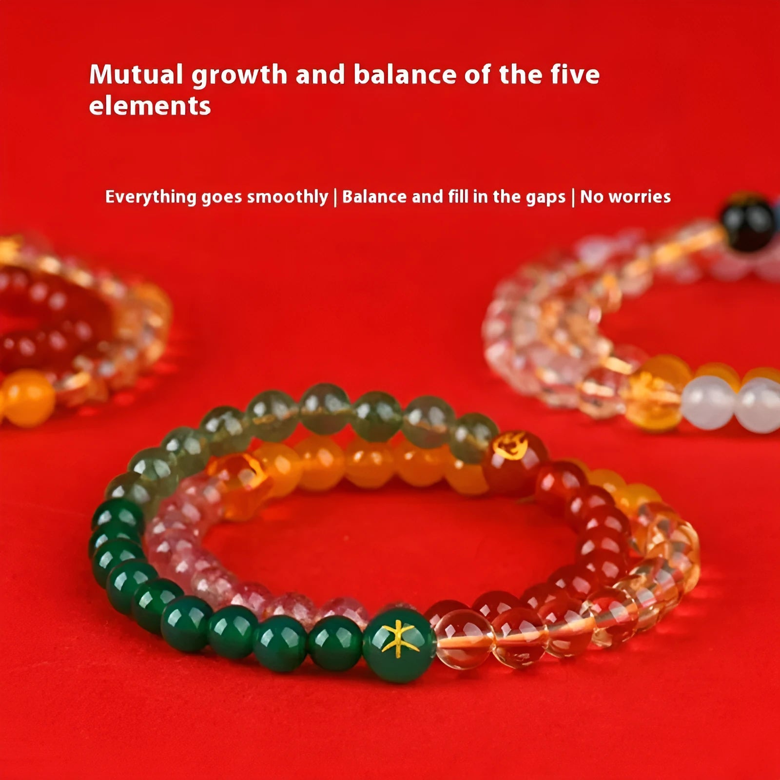Handmade crystal double ring bracelet with Five Elements colours in geometric national style
