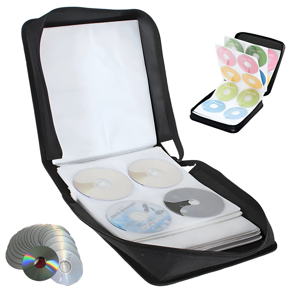 Black Oxford fabric CD organiser with zipper closure and top hand strap for media storage