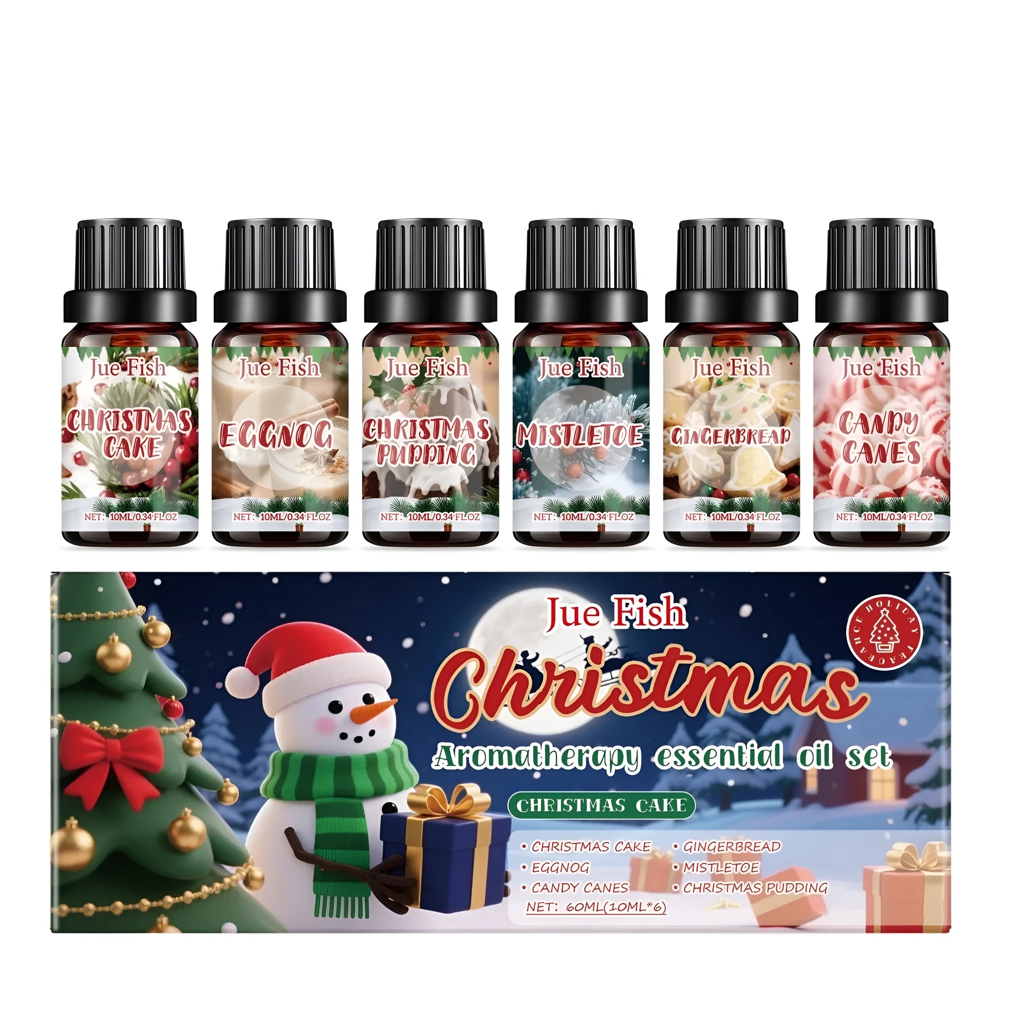 Christmas essential oil set showing six 10ml bottles with festive fragrances including Christmas cake and gingerbread scents