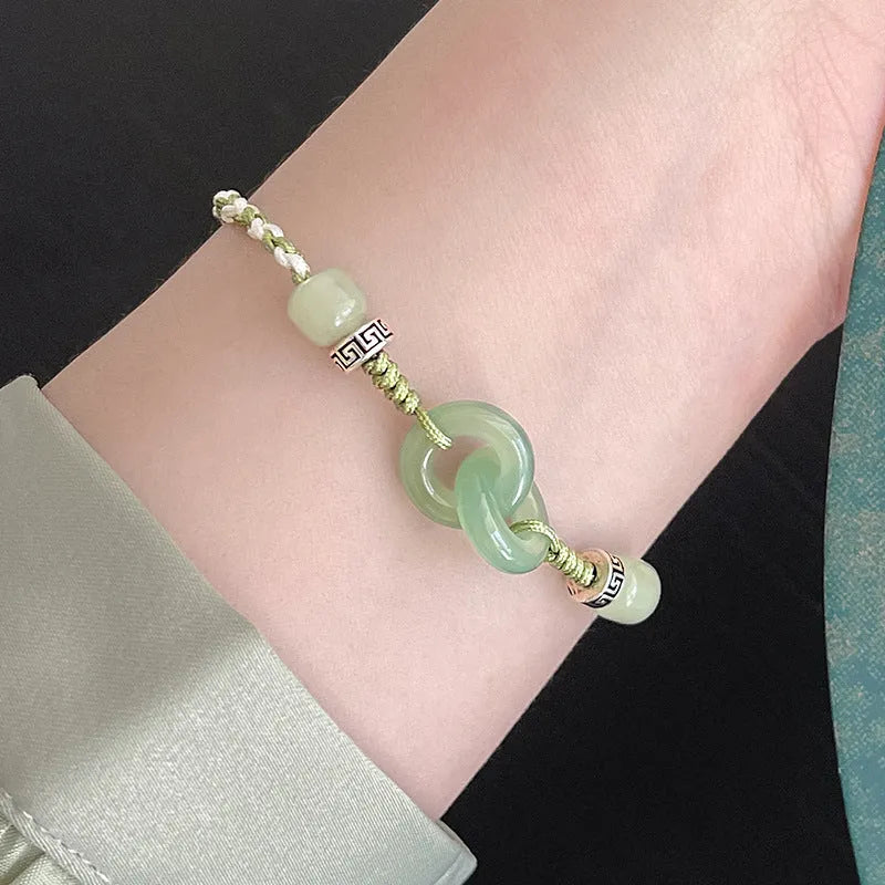Women's ethnic-style bracelet with jade buckle weaving and double ring design in electroplated copper