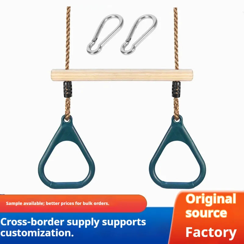 Children's horizontal bar with wooden ring swing in green, 57.5x169 cm, for indoor outdoor arm exercise