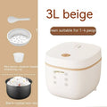 White or beige plastic rice cooker with black crystal inner pot and digital display