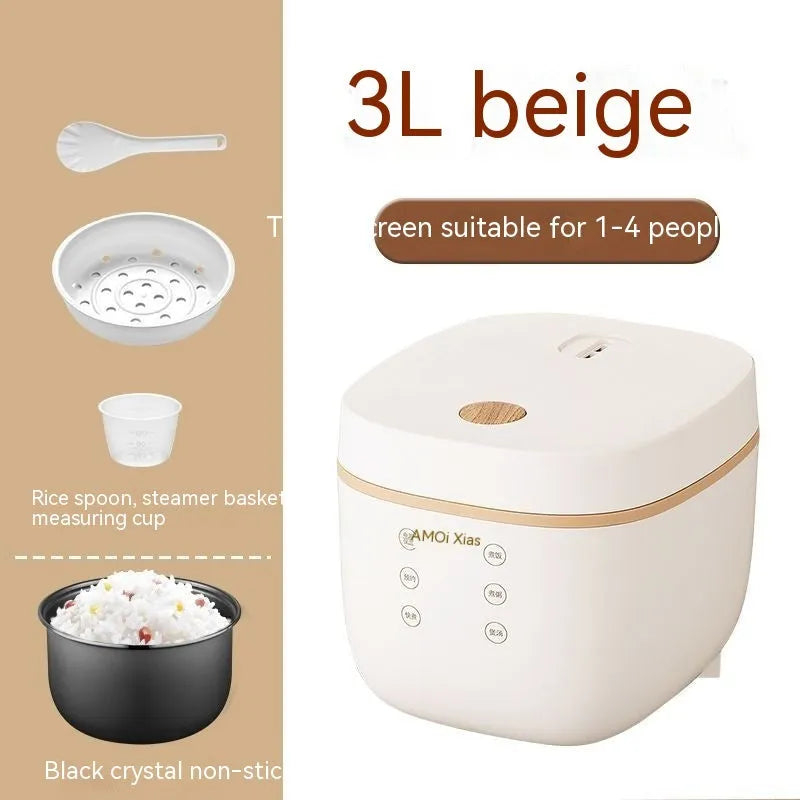 White or beige plastic rice cooker with black crystal inner pot and digital display