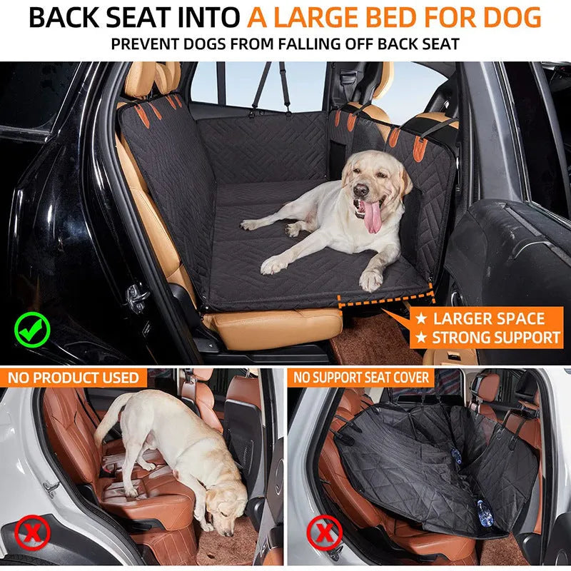 Black waterproof car dog bed cushion on rear seats protecting against pet mess