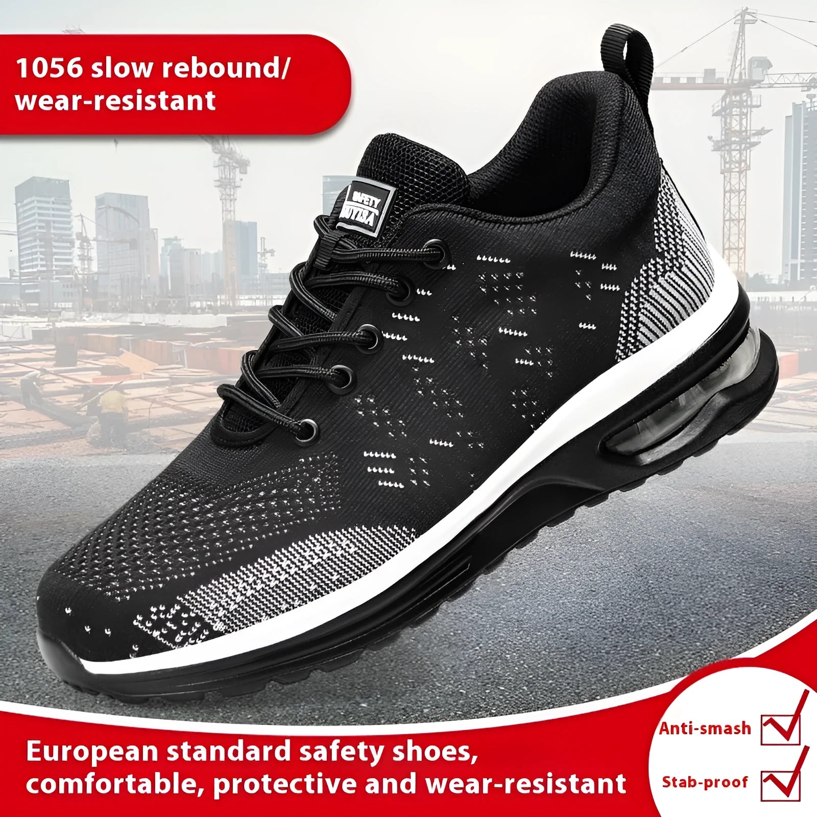 Black men's low-top steel-toe safety work shoes with a mesh upper and sturdy sole on a white background.