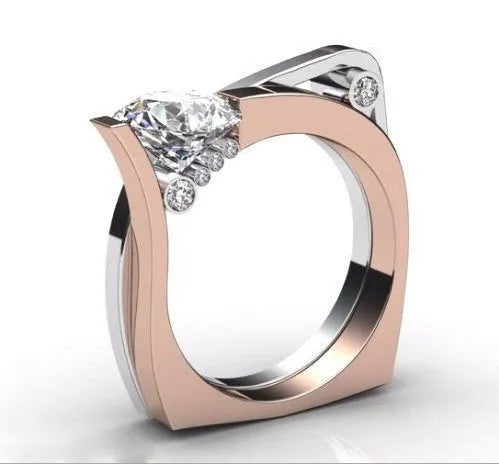 Rose gold electroplated women's couple ring with a geometric design and a central zircon stone inlay.